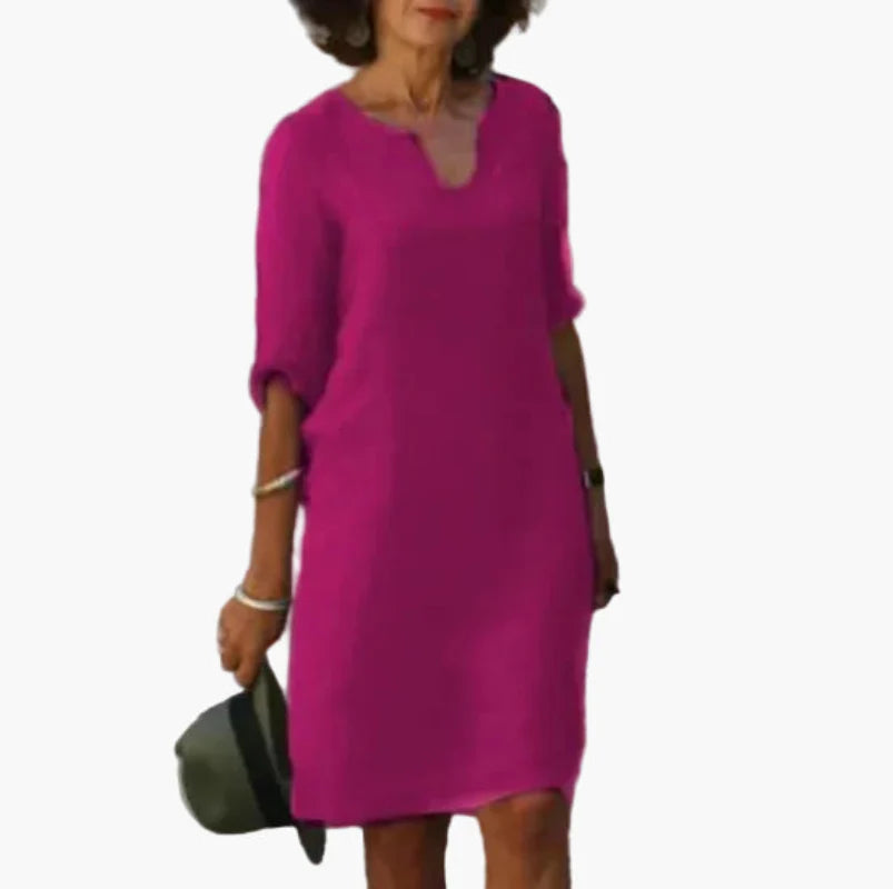 Damen Freizeitkleid mit V-Ausschnitt und 3/4-Ärmeln – Elegantes Alltagskleid für Büro und Freizeit