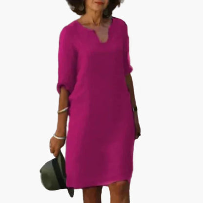 Damen Freizeitkleid mit V-Ausschnitt und 3/4-Ärmeln – Elegantes Alltagskleid für Büro und Freizeit