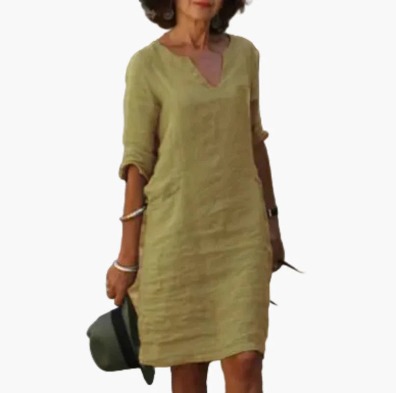 Damen Freizeitkleid mit V-Ausschnitt und 3/4-Ärmeln – Elegantes Alltagskleid für Büro und Freizeit