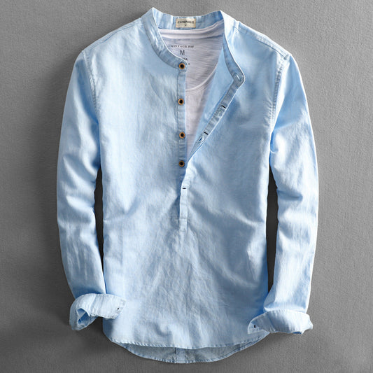 Men's Stand Collar Casual Shirt Vintage Style Long Sleeve for Everyday and Special Occasions
