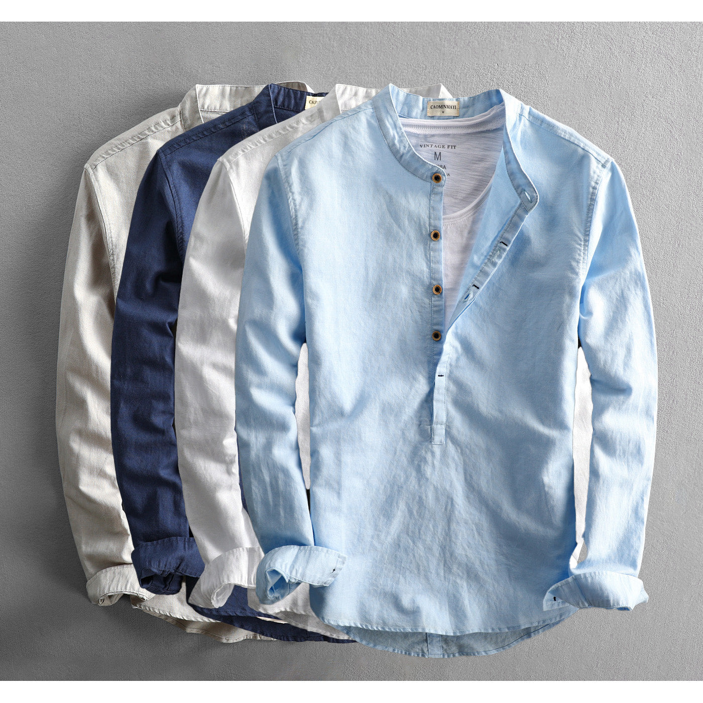Men's Stand Collar Casual Shirt Vintage Style Long Sleeve for Everyday and Special Occasions