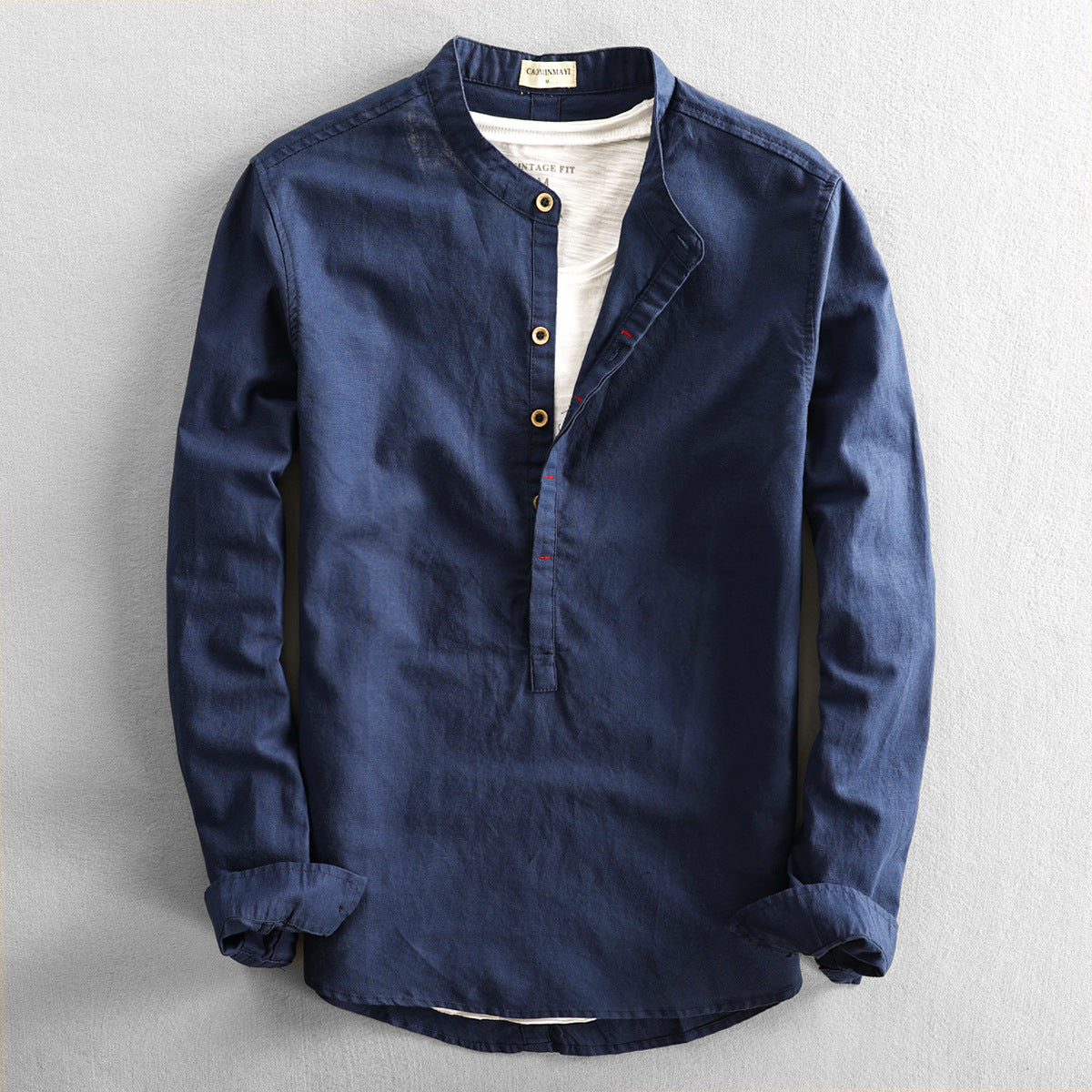 Men's Stand Collar Casual Shirt Vintage Style Long Sleeve for Everyday and Special Occasions