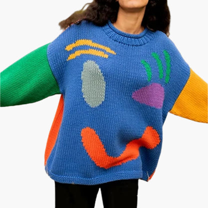 Damen Pullover mit verspieltem Gesichtsmotiv – Strickpullover im künstlerischen Stil für Freizeit & Alltag