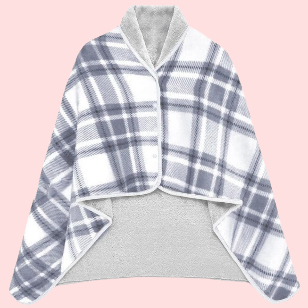 Women's Plaid Snap Button Fleece-Lined Poncho Cape