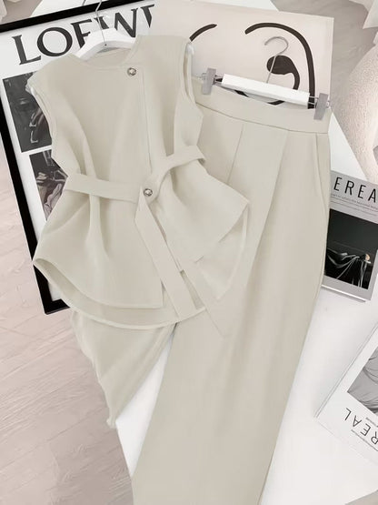 Women's Two-Piece Set – Elegant Business Outfit with Wrap Top and Wide Pants – Modern Office & Occasion Ensemble