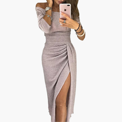 Women's off-shoulder evening dress with high slit and ruching – elegant party and cocktail dress