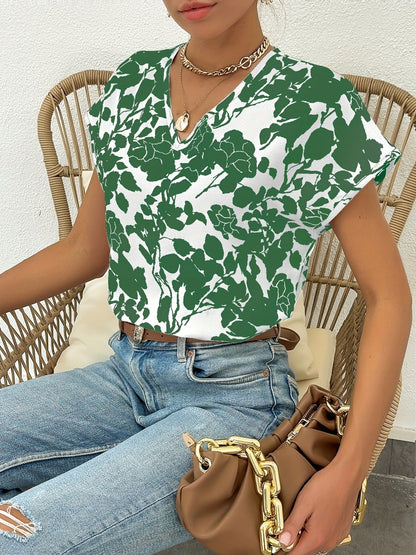 Women's Elegant Summer Blouse Shirt with Floral Pattern and V-Neck, Casual Wear