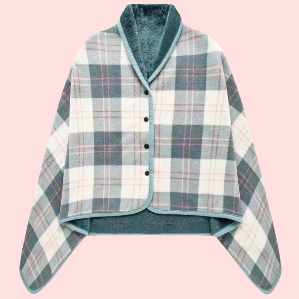 Women's Plaid Snap Button Fleece-Lined Poncho Cape