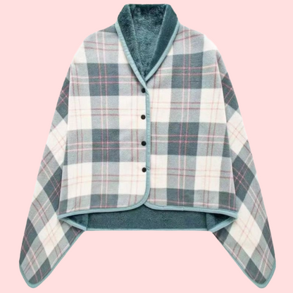Women's Plaid Snap Button Fleece-Lined Poncho Cape
