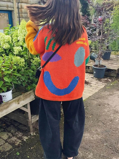 Damen Pullover mit verspieltem Gesichtsmotiv – Strickpullover im künstlerischen Stil für Freizeit & Alltag