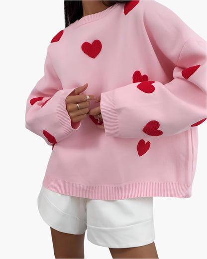 Women's Oversized Sweater with Little Hearts – Cozy Casual Pullover, Fashionable Lounge Look, Ideal for Relaxing
