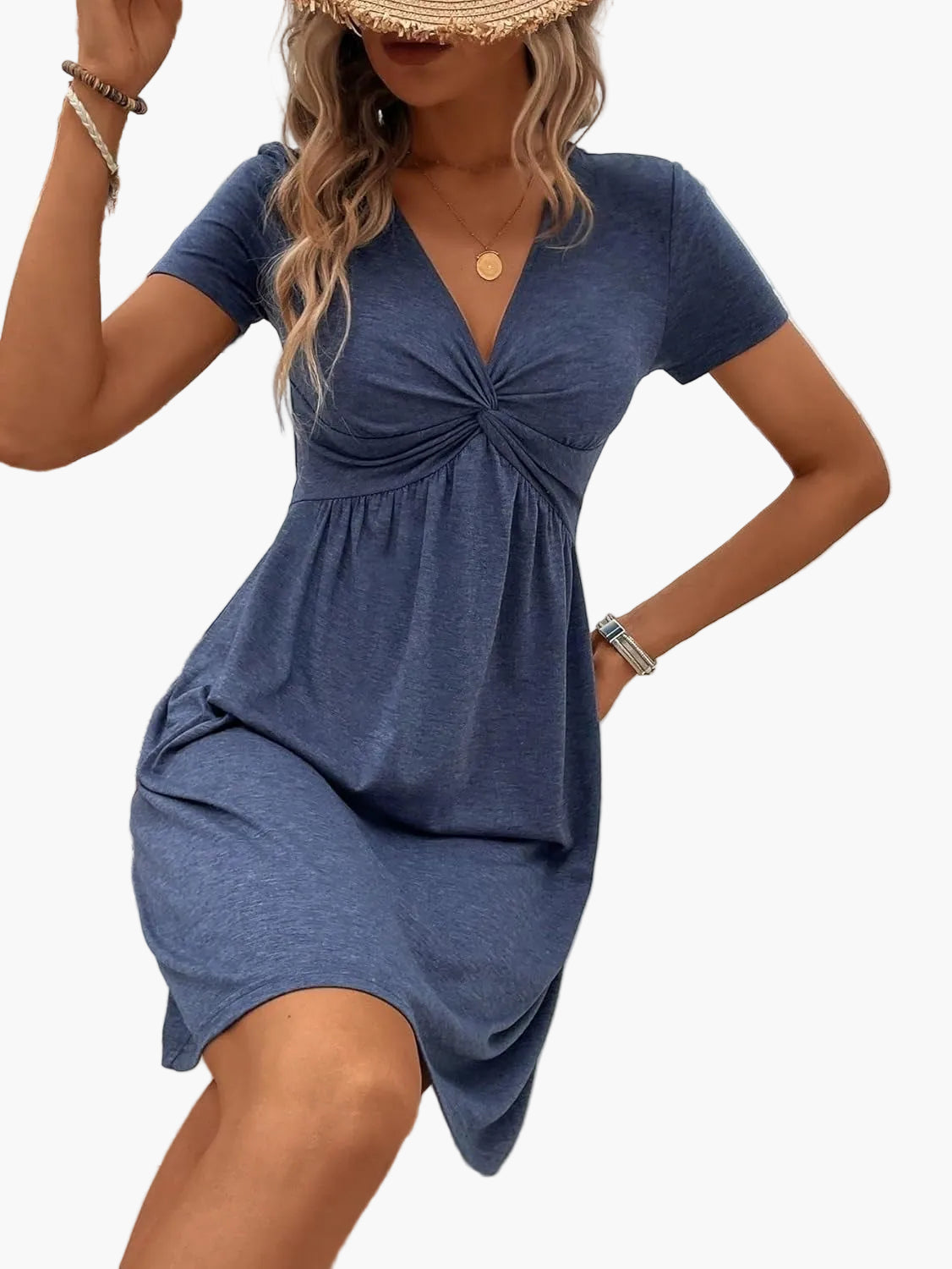 Women's summer dress with twist detail and V-neck – elegant casual style