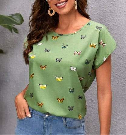 Damen Sommer T-Shirt mit Schmetterlingsmuster – Modisches Freizeit-Top, lässiger Stil