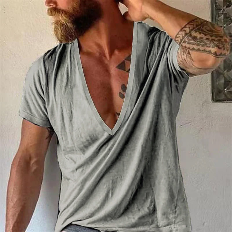 Men's shirt with deep V-neck, fashionable and casual for leisure and summer