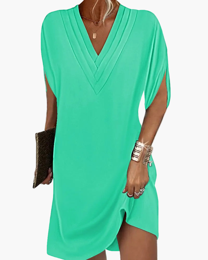 Damen Kleid mit V-Ausschnitt und Schlitzärmeln – Modisches Freizeitkleid für Alltag & Events