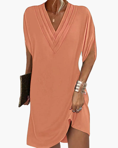 Damen Kleid mit V-Ausschnitt und Schlitzärmeln – Modisches Freizeitkleid für Alltag & Events