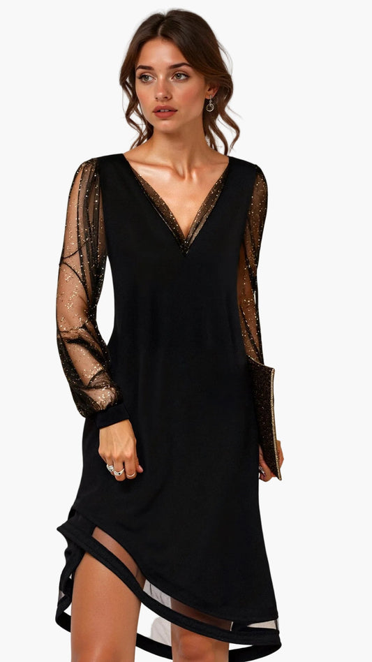 Damen Abendkleid mit Glitzerärmeln und V-Ausschnitt – Elegantes Partykleid für festliche Anlässe