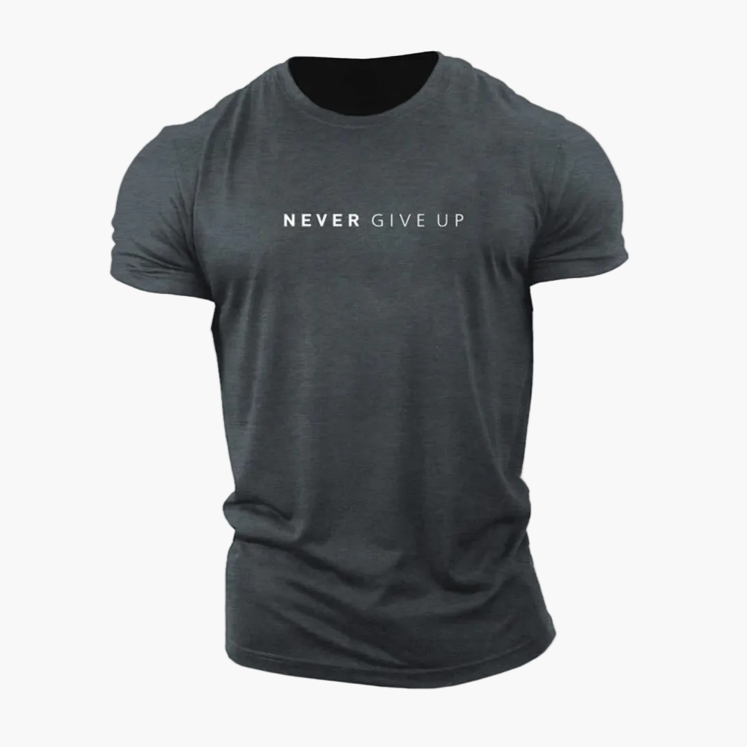 Men's Patterned Shirt with Statement Print "NEVER GIVE UP" – Modern Leisure and Exercise Shirt