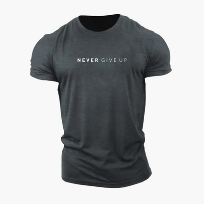 Men's Patterned Shirt with Statement Print "NEVER GIVE UP" – Modern Leisure and Exercise Shirt