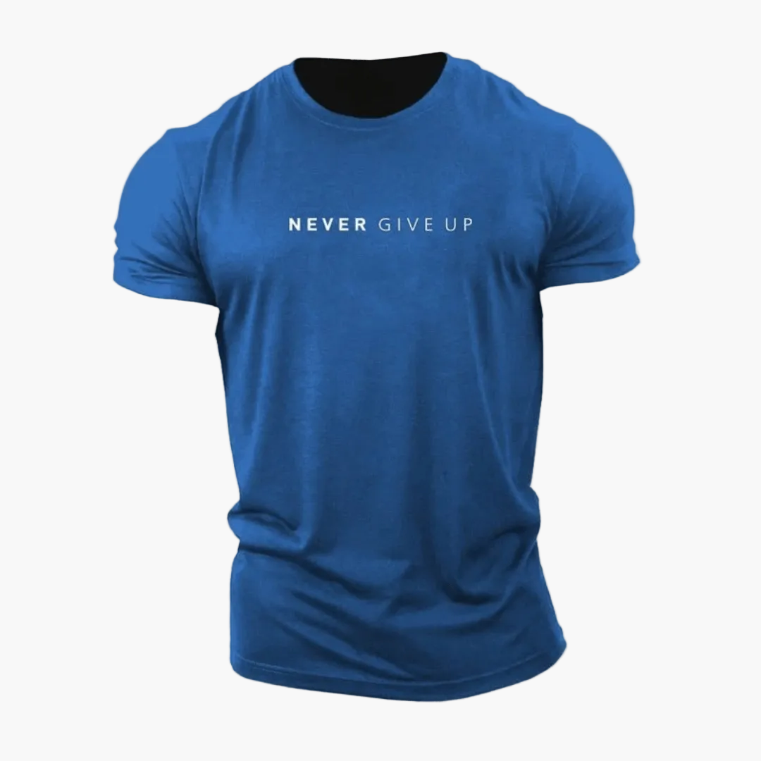 Men's Patterned Shirt with Statement Print "NEVER GIVE UP" – Modern Leisure and Exercise Shirt