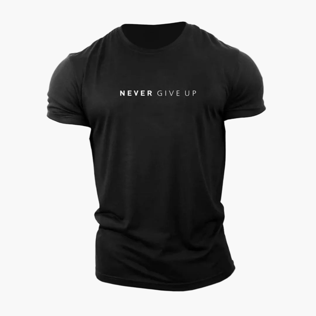 Men's Patterned Shirt with Statement Print "NEVER GIVE UP" – Modern Leisure and Exercise Shirt