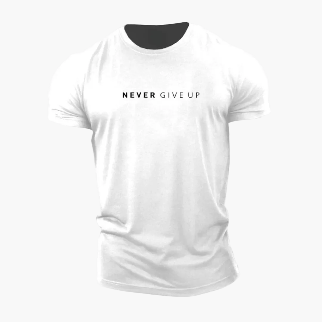 Men's Patterned Shirt with Statement Print "NEVER GIVE UP" – Modern Leisure and Exercise Shirt