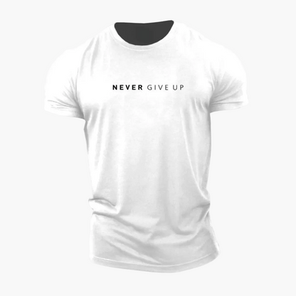 Men's Patterned Shirt with Statement Print "NEVER GIVE UP" – Modern Leisure and Exercise Shirt