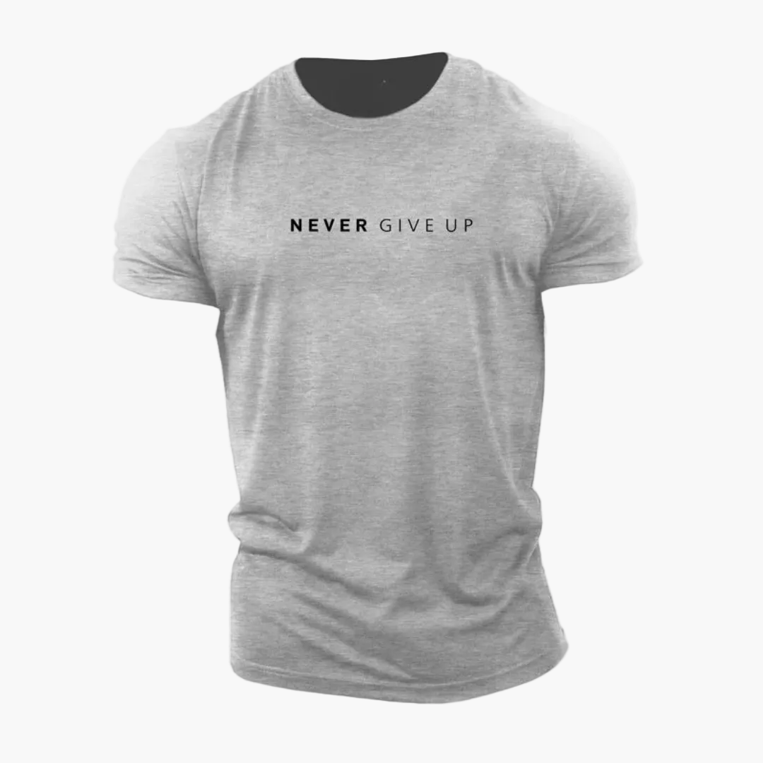 Men's Patterned Shirt with Statement Print "NEVER GIVE UP" – Modern Leisure and Exercise Shirt