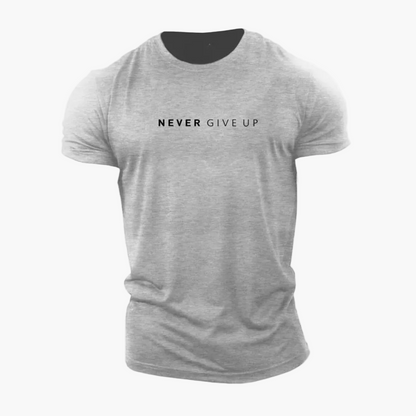 Men's Patterned Shirt with Statement Print "NEVER GIVE UP" – Modern Leisure and Exercise Shirt