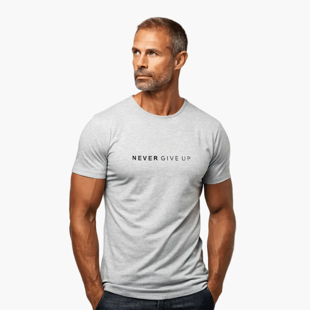 Men's Patterned Shirt with Statement Print "NEVER GIVE UP" – Modern Leisure and Exercise Shirt
