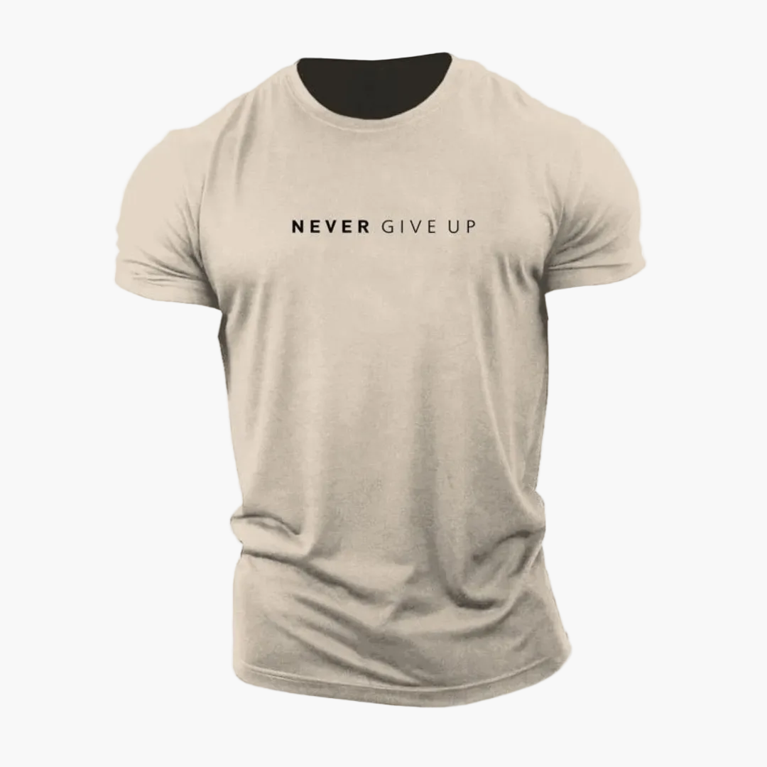 Men's Patterned Shirt with Statement Print "NEVER GIVE UP" – Modern Leisure and Exercise Shirt