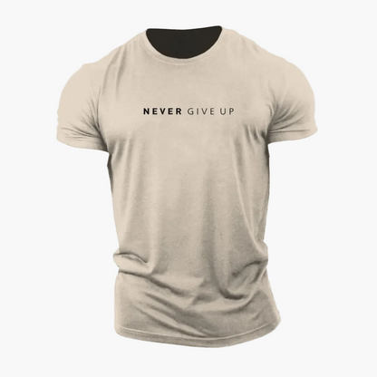 Men's Patterned Shirt with Statement Print "NEVER GIVE UP" – Modern Leisure and Exercise Shirt