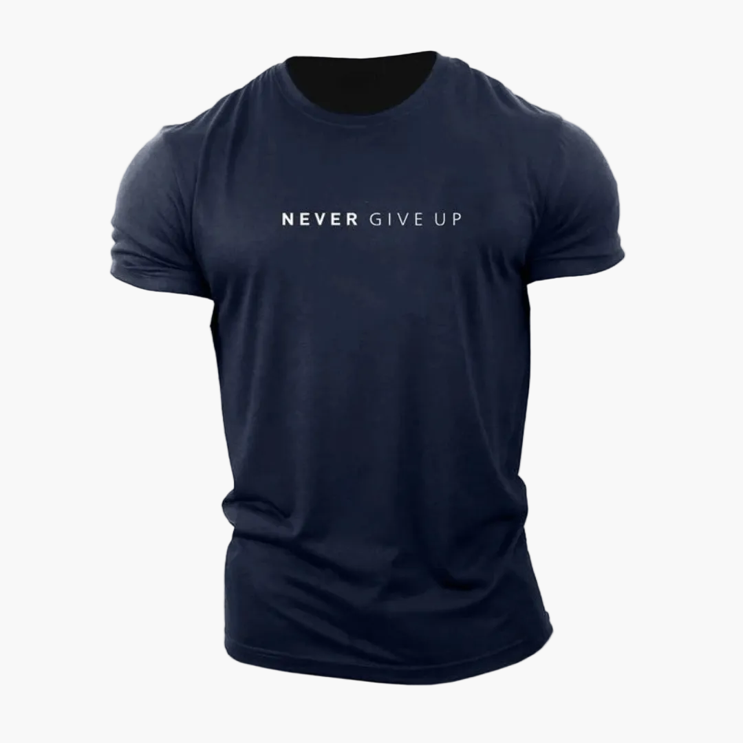 Men's Patterned Shirt with Statement Print "NEVER GIVE UP" – Modern Leisure and Exercise Shirt