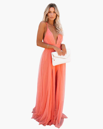 Women's Long Dress Elegant Summer Celebration Evening Wear with Thin Shoulder Straps and V-Neckline
