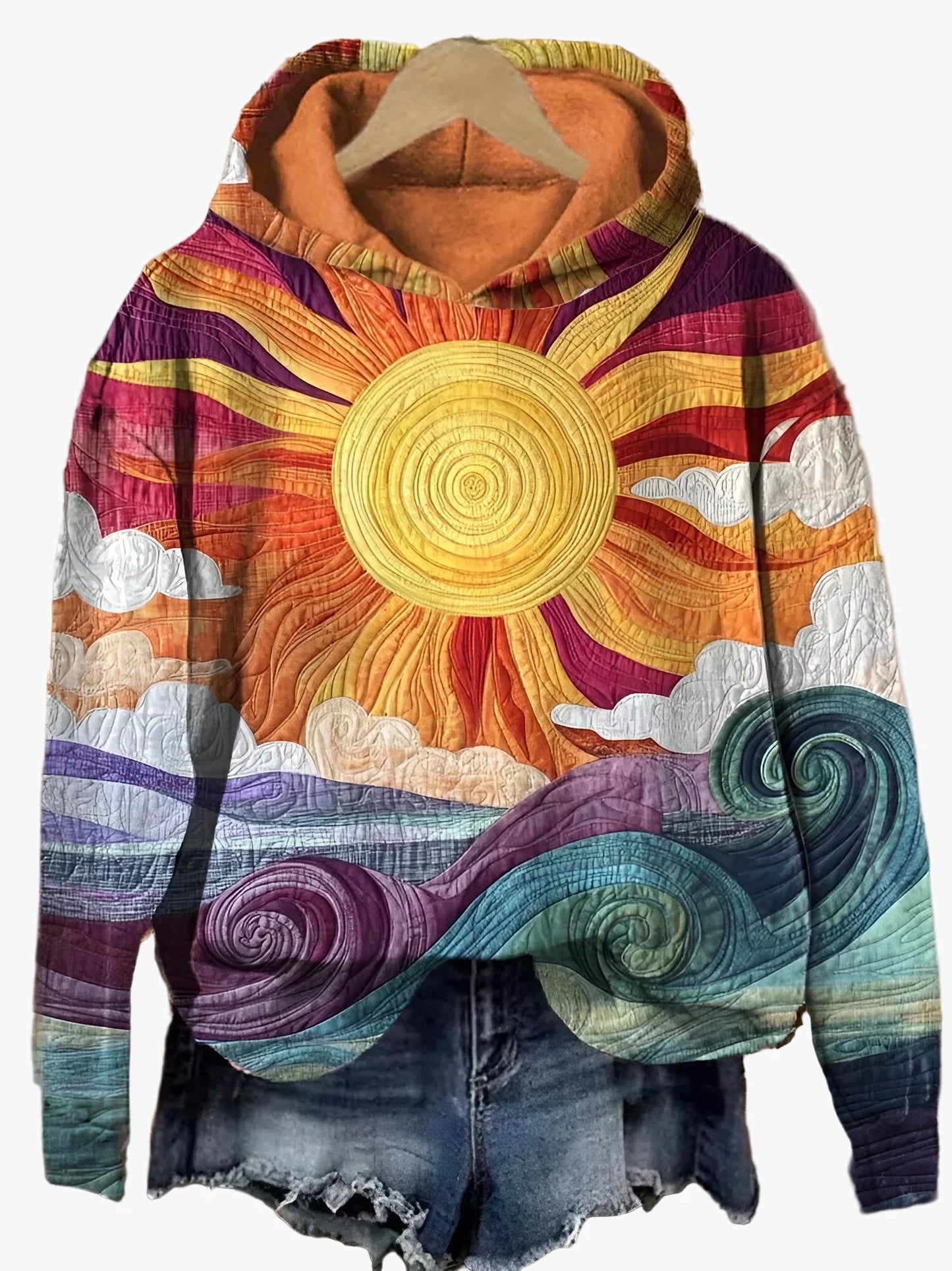 Women's hoodie with artistic sun and wave motif – boho casual sweater for everyday and festival