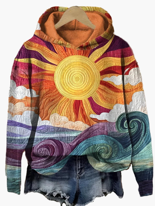 Women's hoodie with artistic sun and wave motif – boho casual sweater for everyday and festival