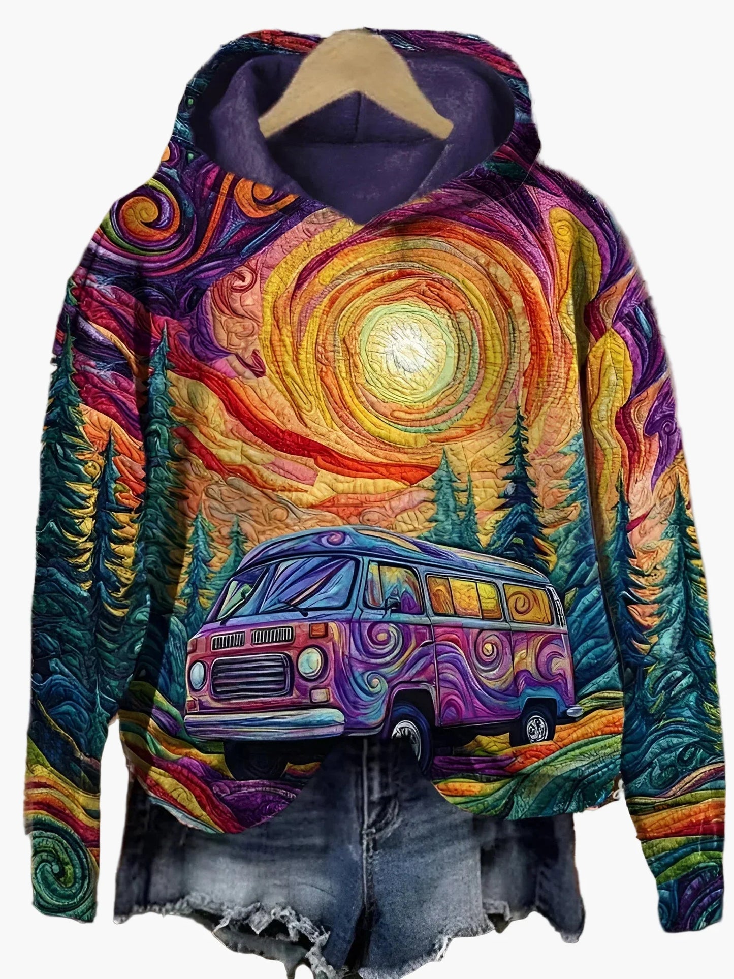 Women's Hippie Hoodie with Retro Bus and Psychedelic Pattern – Leisure & Festival