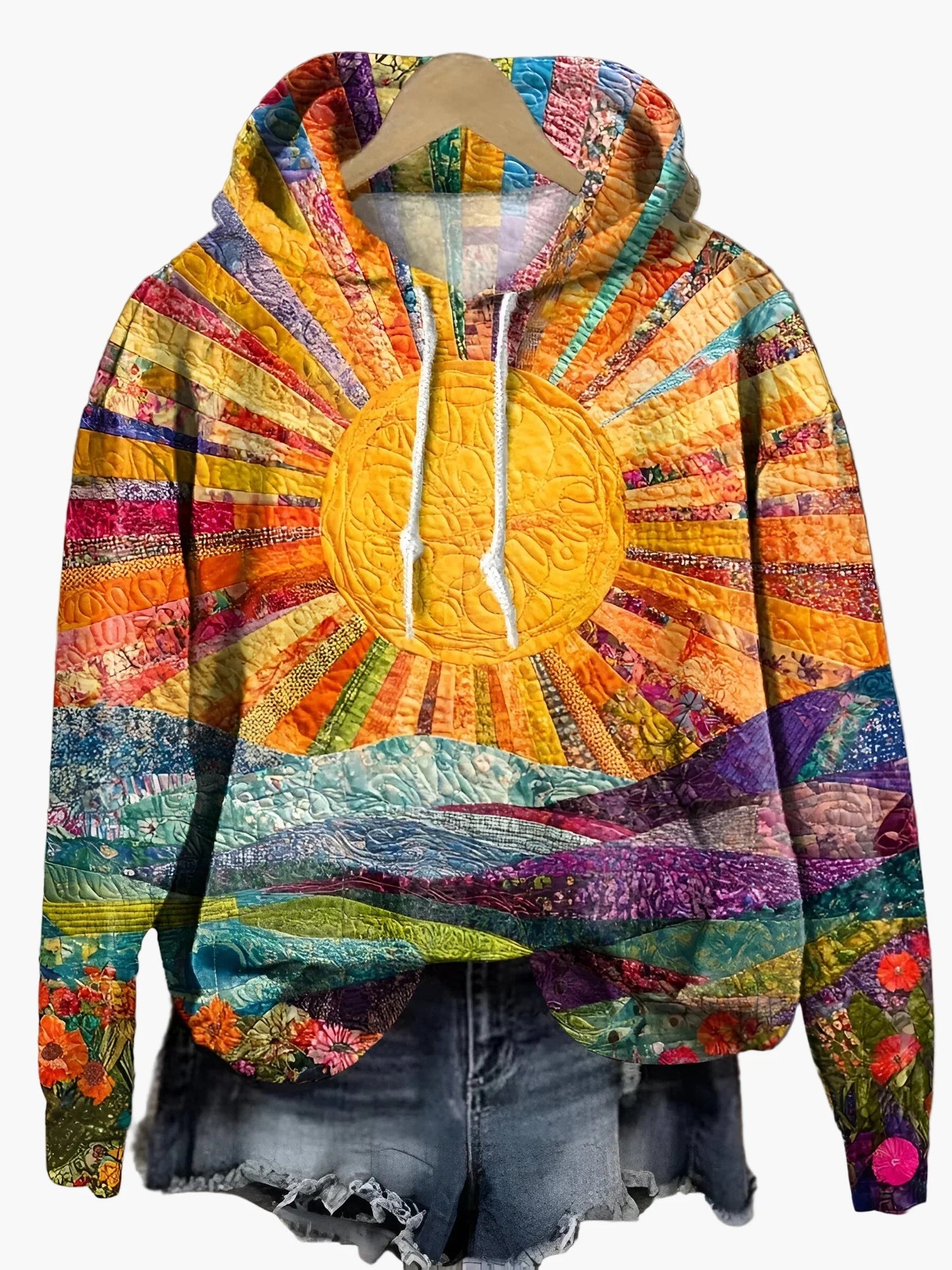 Women's hoodie in boho style with sunrise design – artistic, colorful hooded sweatshirt for leisure & festival