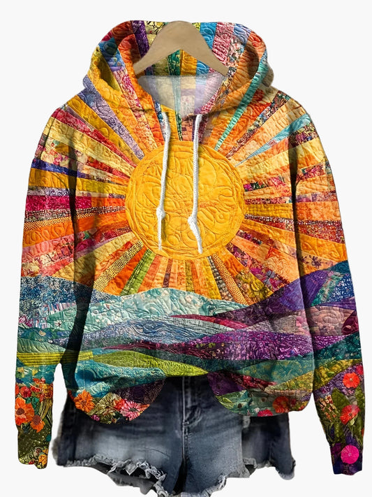 Damen Hoodie im Boho-Stil mit Sonnenaufgangs-Design – Kunstvoller, bunter Kapuzenpullover für Freizeit & Festival