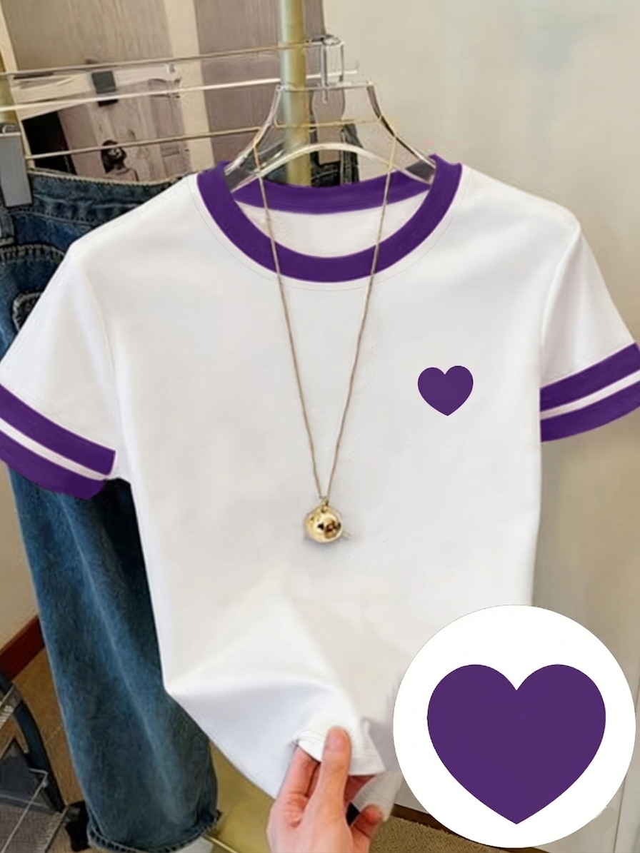 Damen T-Shirt mit Herz-Print und Kontraststreifen – Modisches Freizeitshirt für Frühling und Sommer
