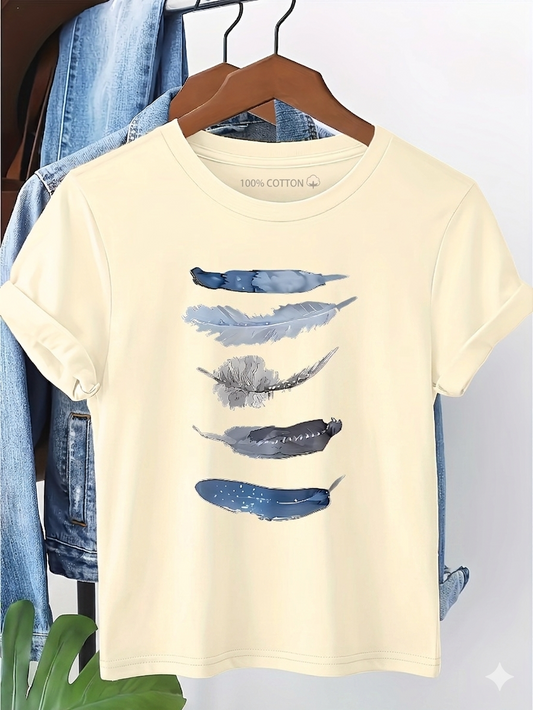 Women's T-shirt with Artistic Feather Print, Casual Design for Everyday and Leisure
