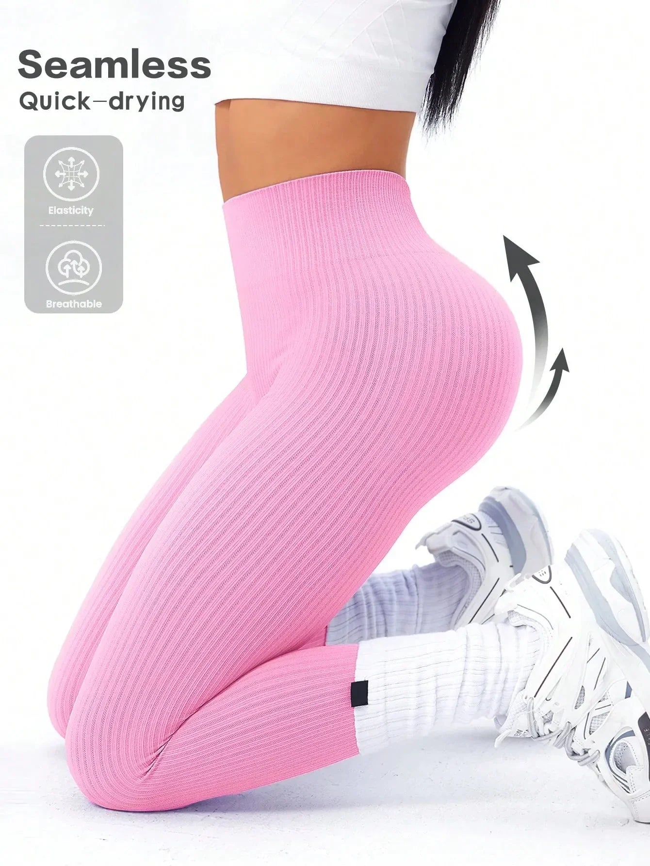 Women's Seamless Ribbed Leggings – Sporty High Waist Yoga Exercise Pants