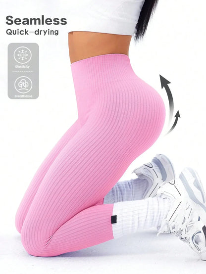 Women's Seamless Ribbed Leggings – Sporty High Waist Yoga Exercise Pants