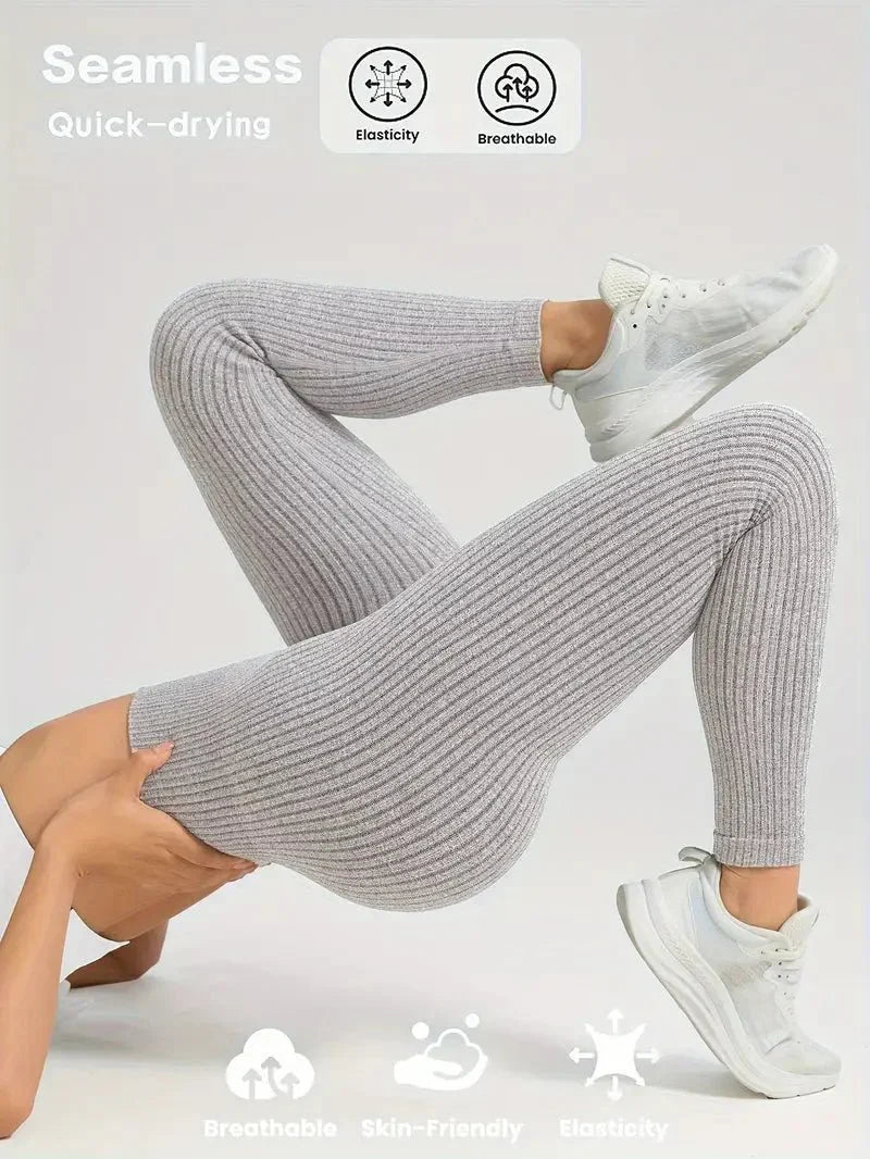 Women's Seamless Ribbed Leggings – Sporty High Waist Yoga Exercise Pants
