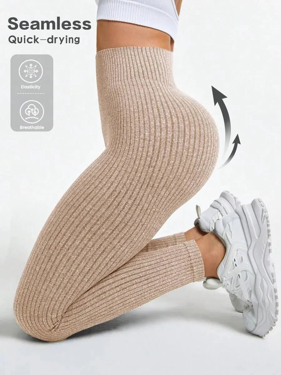 Women's Seamless Ribbed Leggings – Sporty High Waist Yoga Exercise Pants