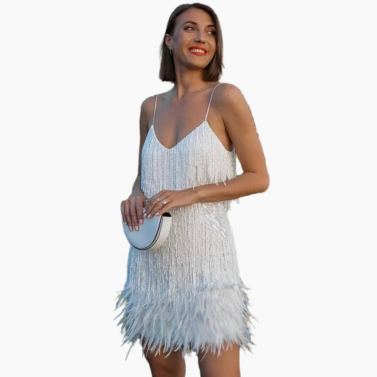 Damen Partykleid mit Fransen und Federn – Elegantes Abend- und Cocktailkleid für festliche Anlässe
