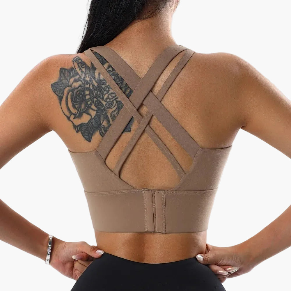 Women's sports bra with crossed straps and lift-up effect – exercise, yoga & everyday use