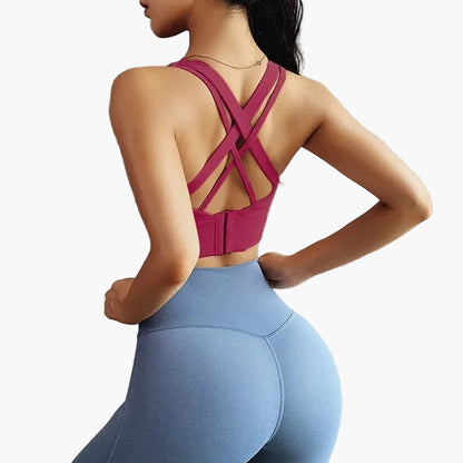 Women's sports bra with crossed straps and lift-up effect – exercise, yoga & everyday use