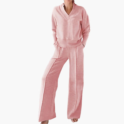 Damen Lounge- und Sportanzug Zweiteiler – Modischer Freizeitlook mit weitem Bein und V-Ausschnitt