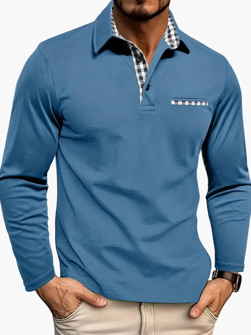 Men's Long-Sleeve Polo Shirt with Checkered Collar – Smart-Casual Style for Everyday and Business